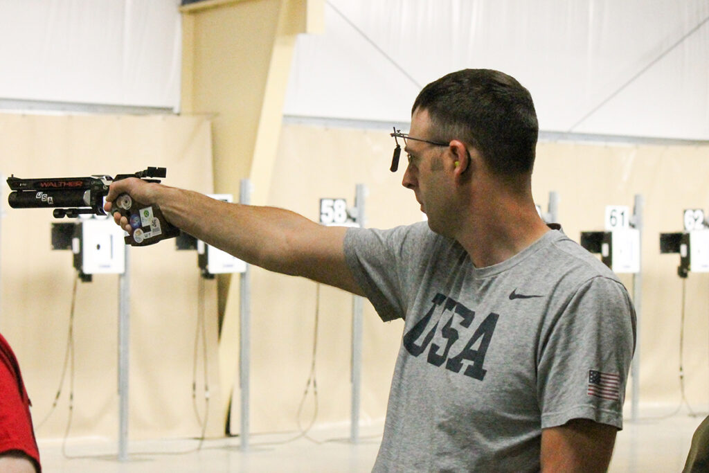 Staff Sgt. Nick Mowrer led the Air Pistol Open Match.