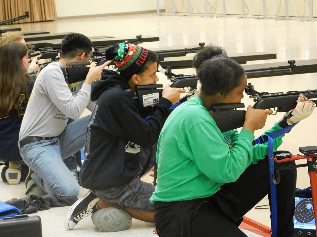 Competitors of the event fire from prone, kneeling and standing positions.