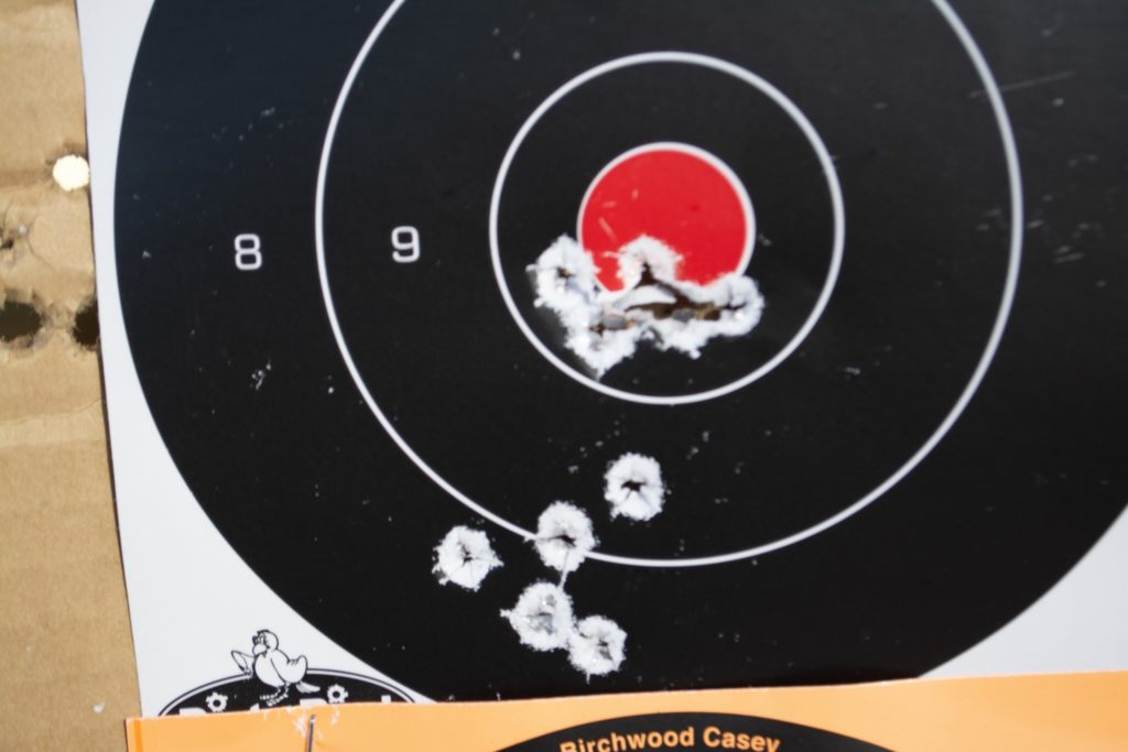 At 50 yards, the medium power setting produced point of impact about 18 inches below the 25-yard zero. At the high power setting, the group was only .4 inches lower. 