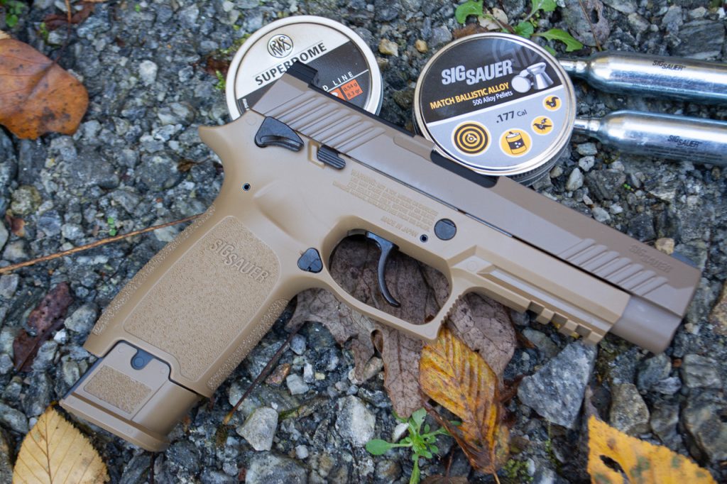 The Sig Sauer M17 Air Pistol sure looks and feel like the real deal. This one runs on CO2 and fires .17 pellets. 