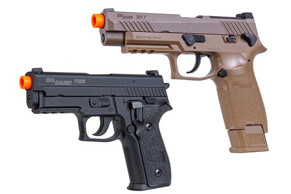The new SIG AIR ProForce P229 (left) and SIG AIR ProForce M17 (right) airsoft pistols.