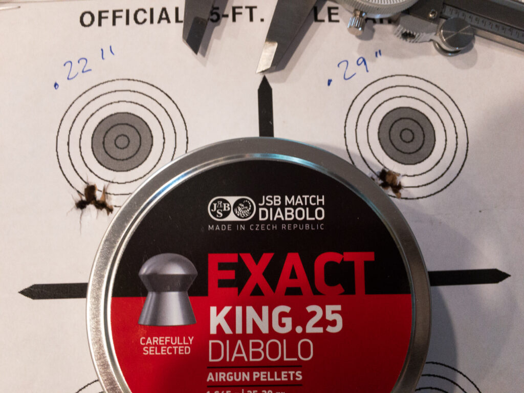 From 20 yards, the Bantam made ragged one-hole groups with the JSB Match Exact King .25 pellets. From 50-yards, these fired a .71-inch five-shot group.