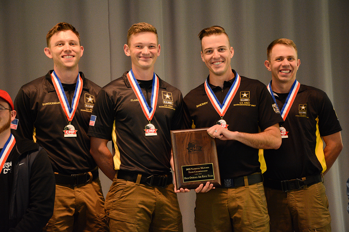 The U.S. Army Marksmanship Unit led the 4-Man air rifle competition.