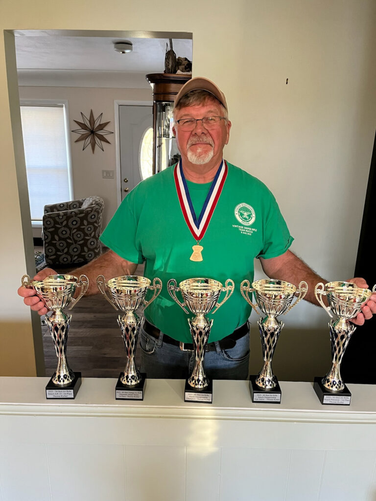 Tom brought home five trophies from his wins in the air gun events at the National Matches, held at Camp Perry each year.