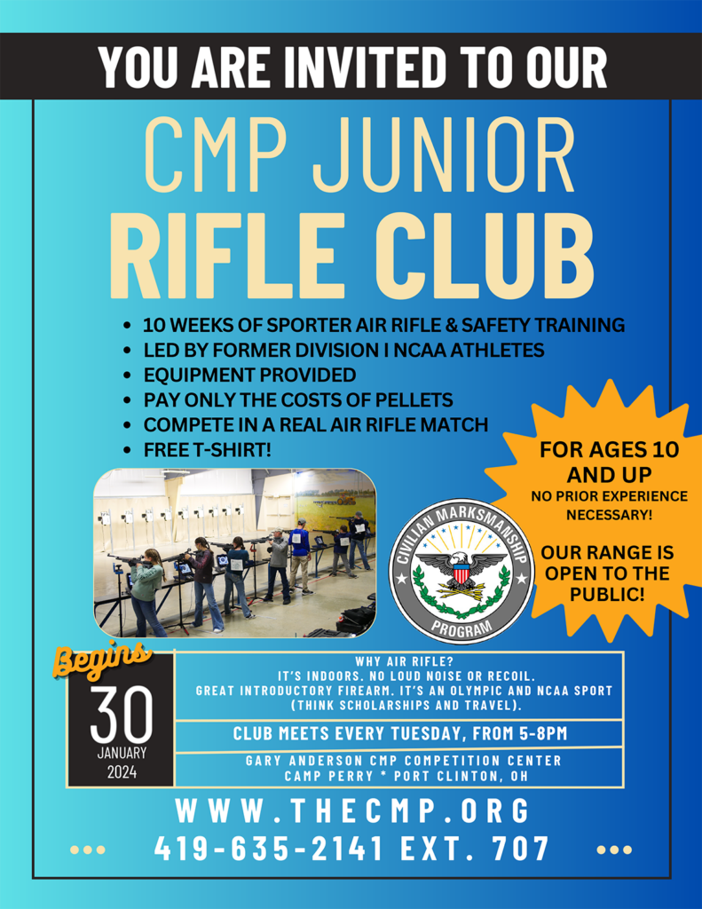 The CMP is excited to invite local juniors to the Gary Anderson CMP Competition Center on Tuesday evenings, from 5-8pm, for the CMP Junior Rifle Club.