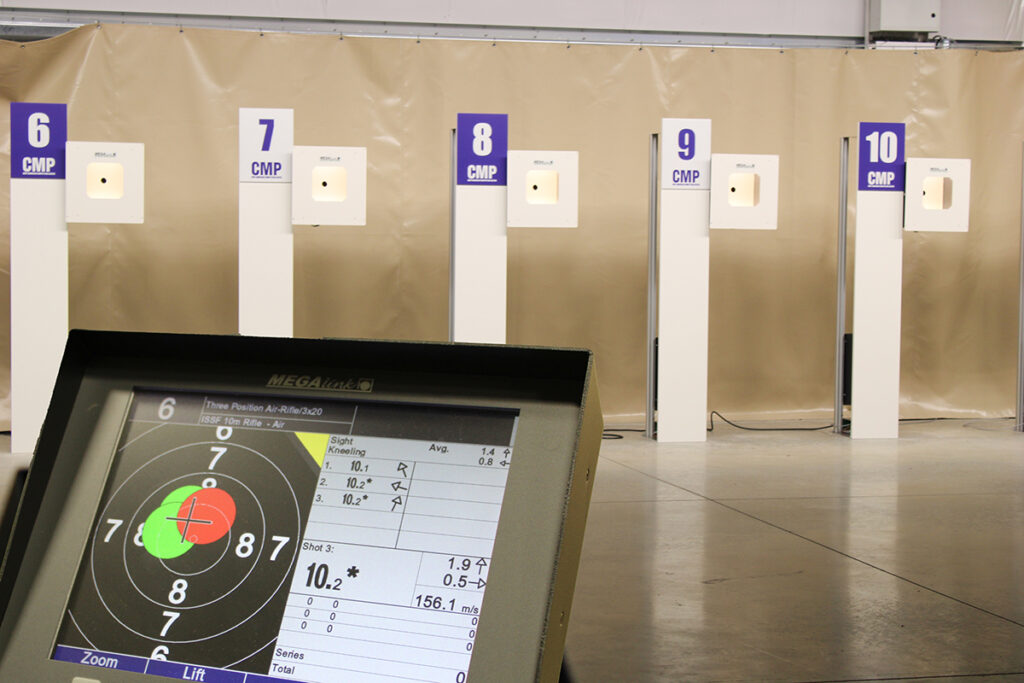 The Gary Anderson CMP Competition Center is equipped with electronic Megalink targets. Each firing point has a monitor which displays shot locations.